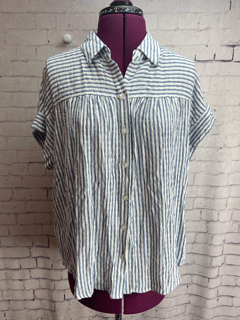 Jane + Delancey size small blue and white short sleeve button down shirt